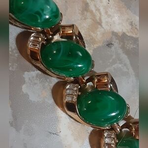 c1955 TRIFARI CARAVAN Faux Malachite Thermoset Cabs & Crystal Baguettes GT
